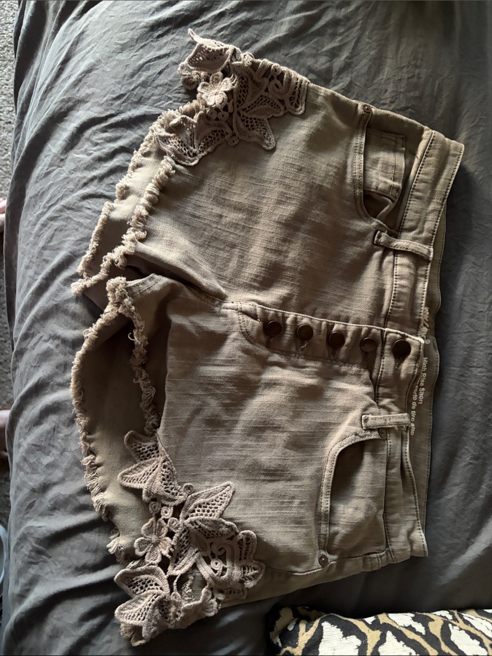 High-Rise Olive Green Lace-Trim Jean Shorts
